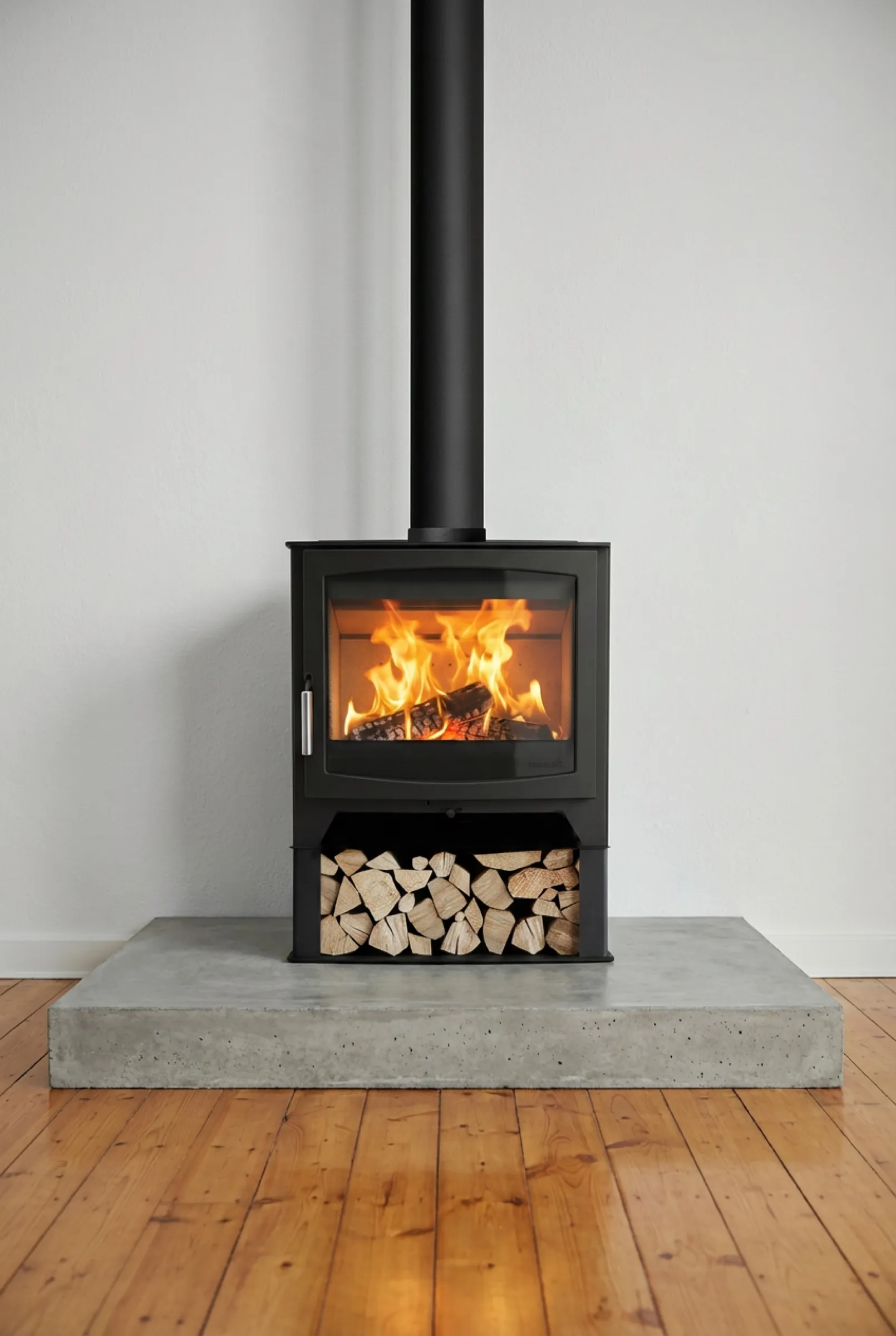 Parkray Aspect 14 Eco on a concrete hearth with integrated wood storage