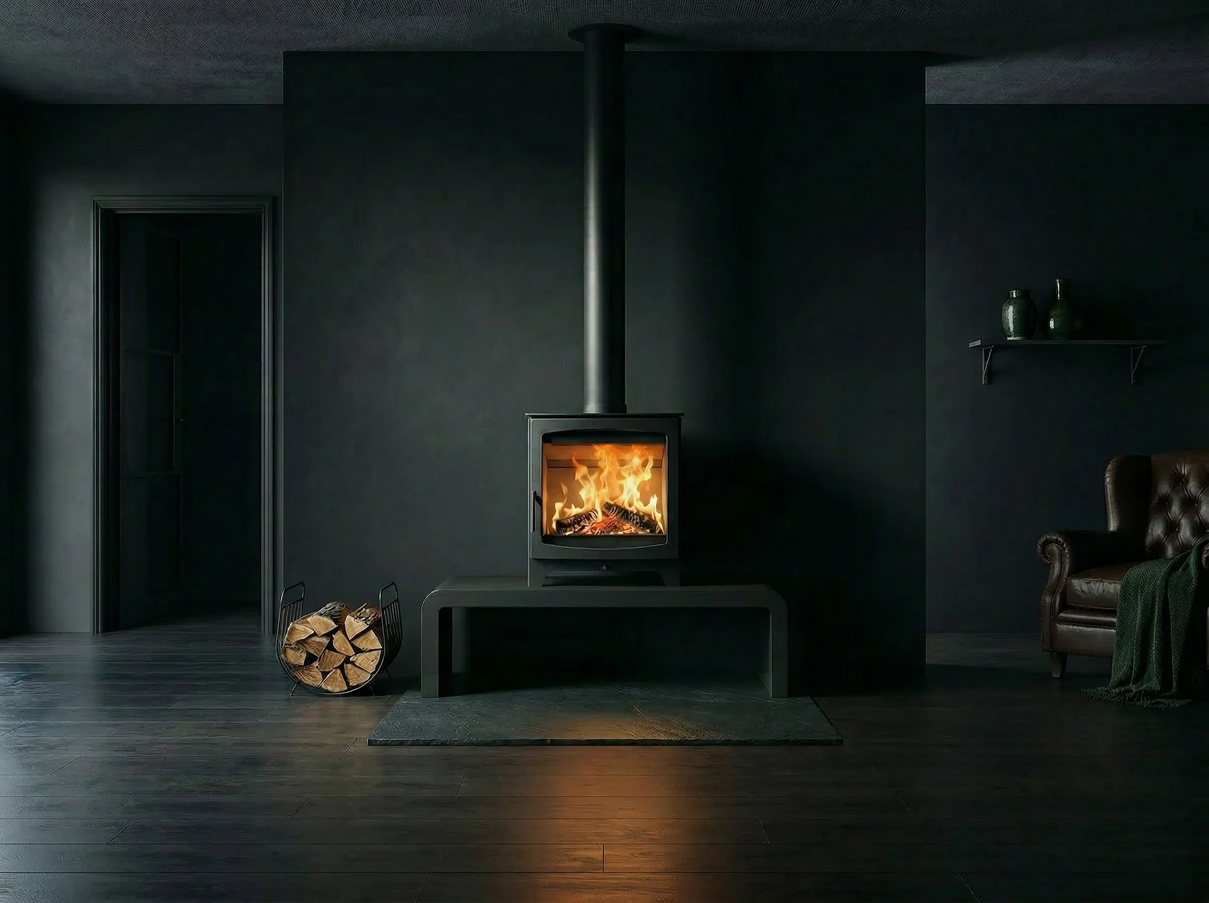 Parkray Aspect 8 Eco on long bench in a dark, atmospheric room with deep grey walls and a leather wingback chair