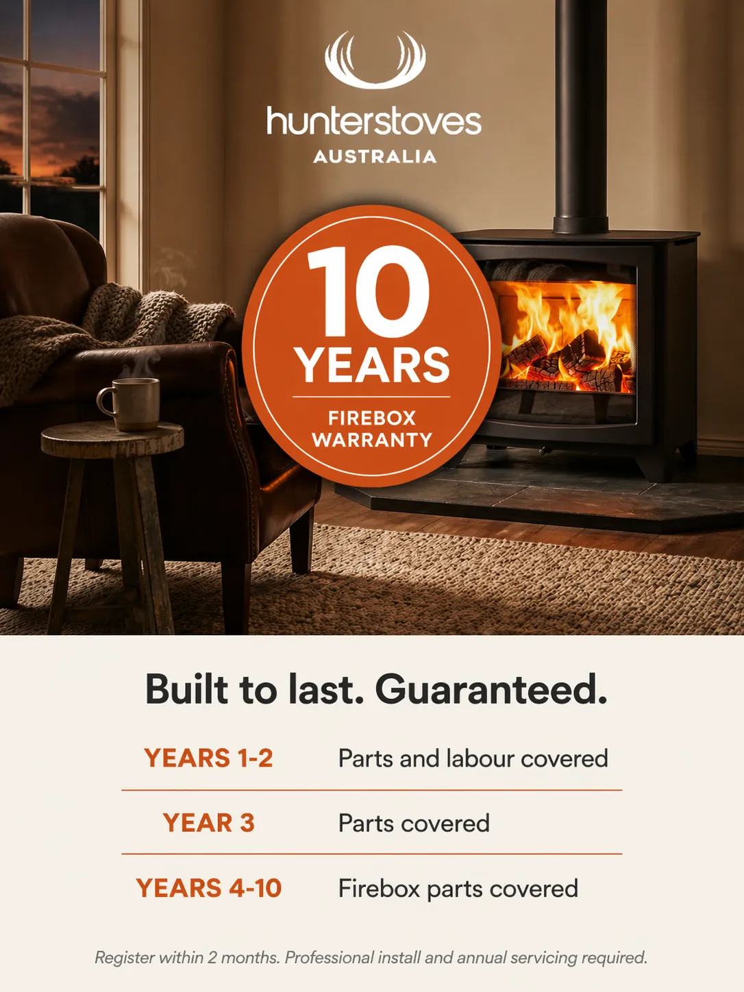 Hunter Stoves 10-year firebox warranty graphic explaining coverage tiers across the warranty period