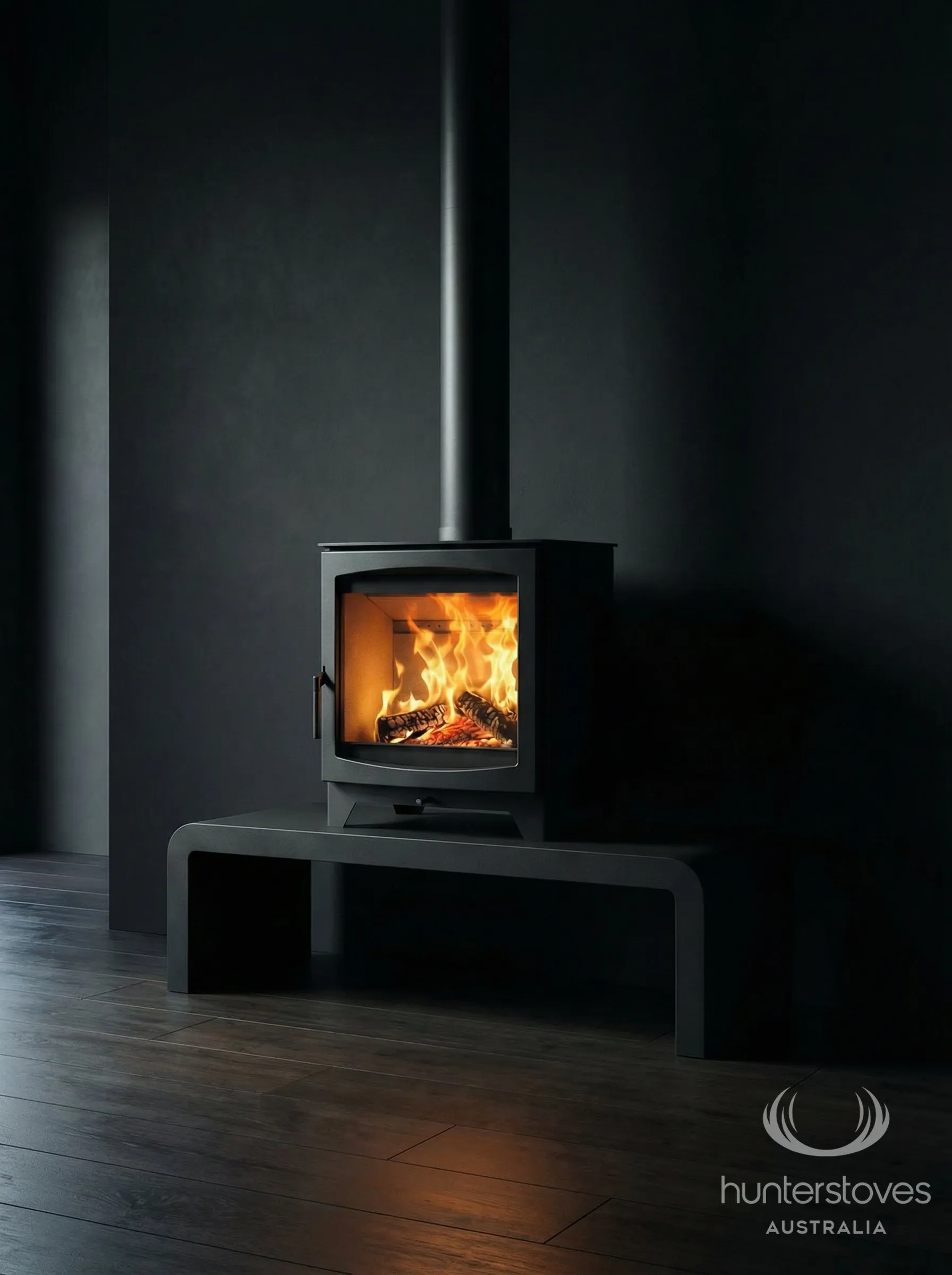 Parkray Aspect 8 Eco on long bench base, showing the panoramic viewing window