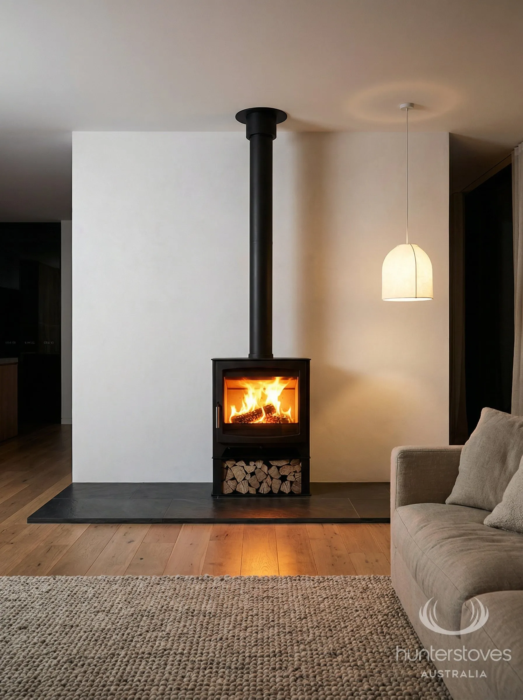 Parkray Aspect 14 Eco on wood plinth base in a warm living room setting