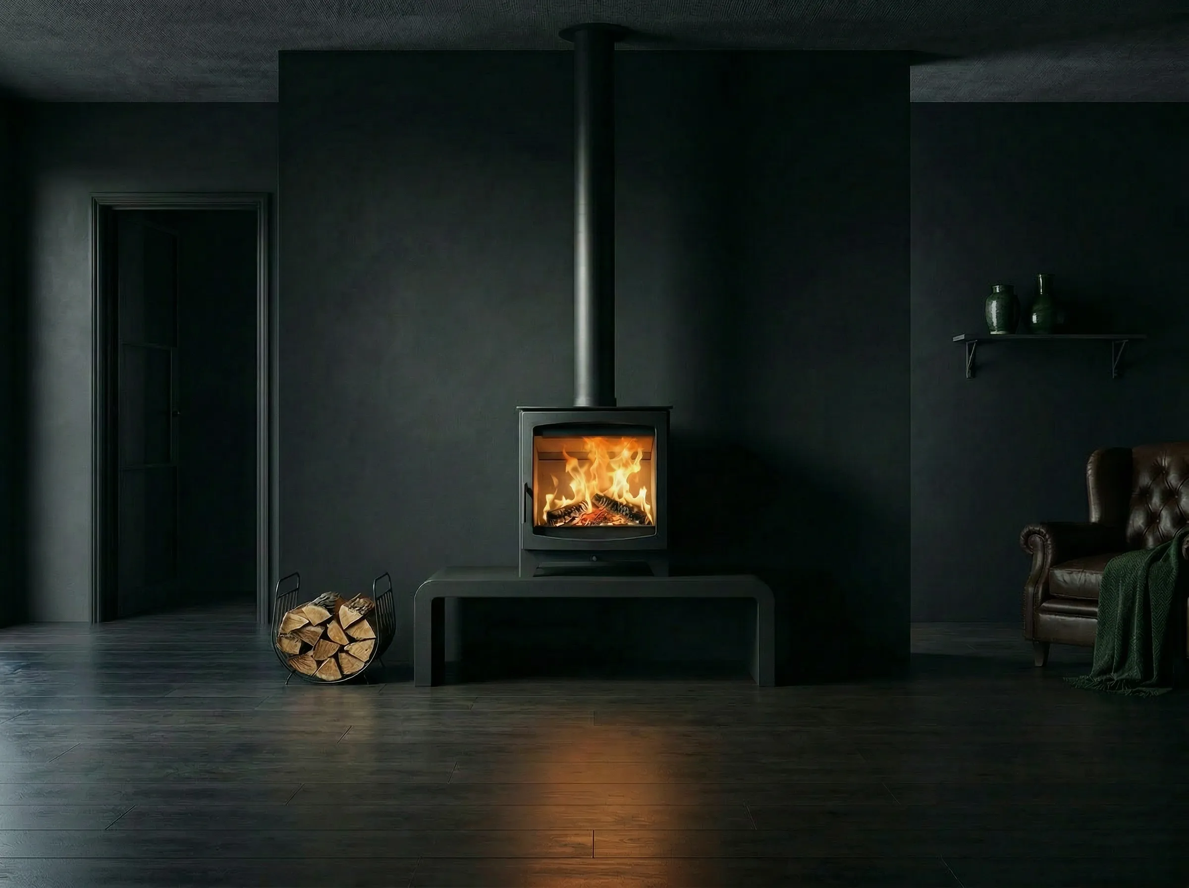 Parkray Aspect 8 Eco wood stove burning a freshly lit fire in a moody, dark-walled living space