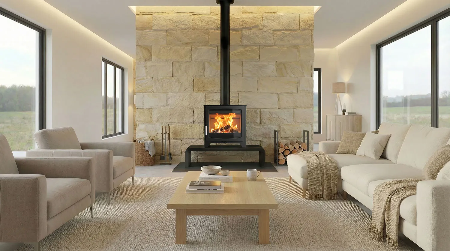 Parkray Aspect 14 Eco on long bench base against a stone wall