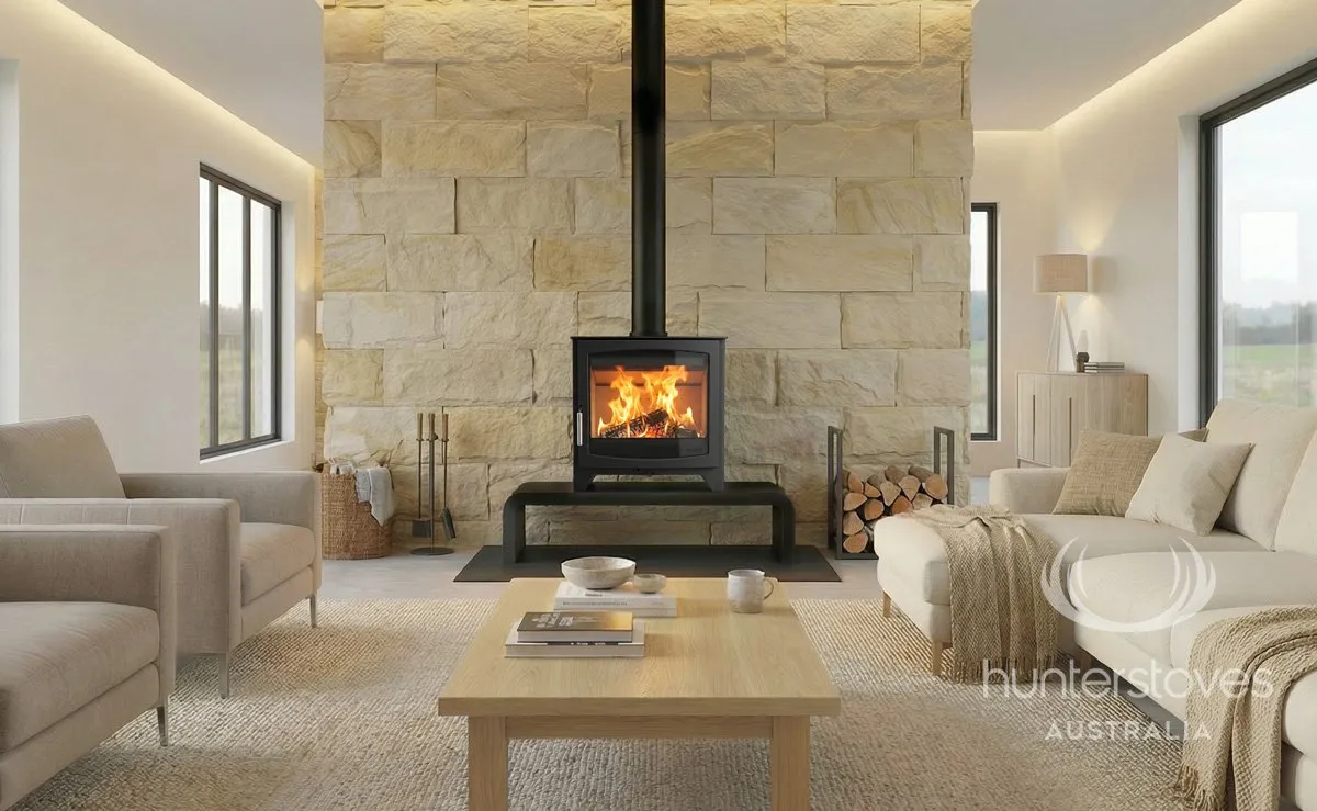 Parkray Aspect 14 Eco wood stove on a bench base against a stone feature wall