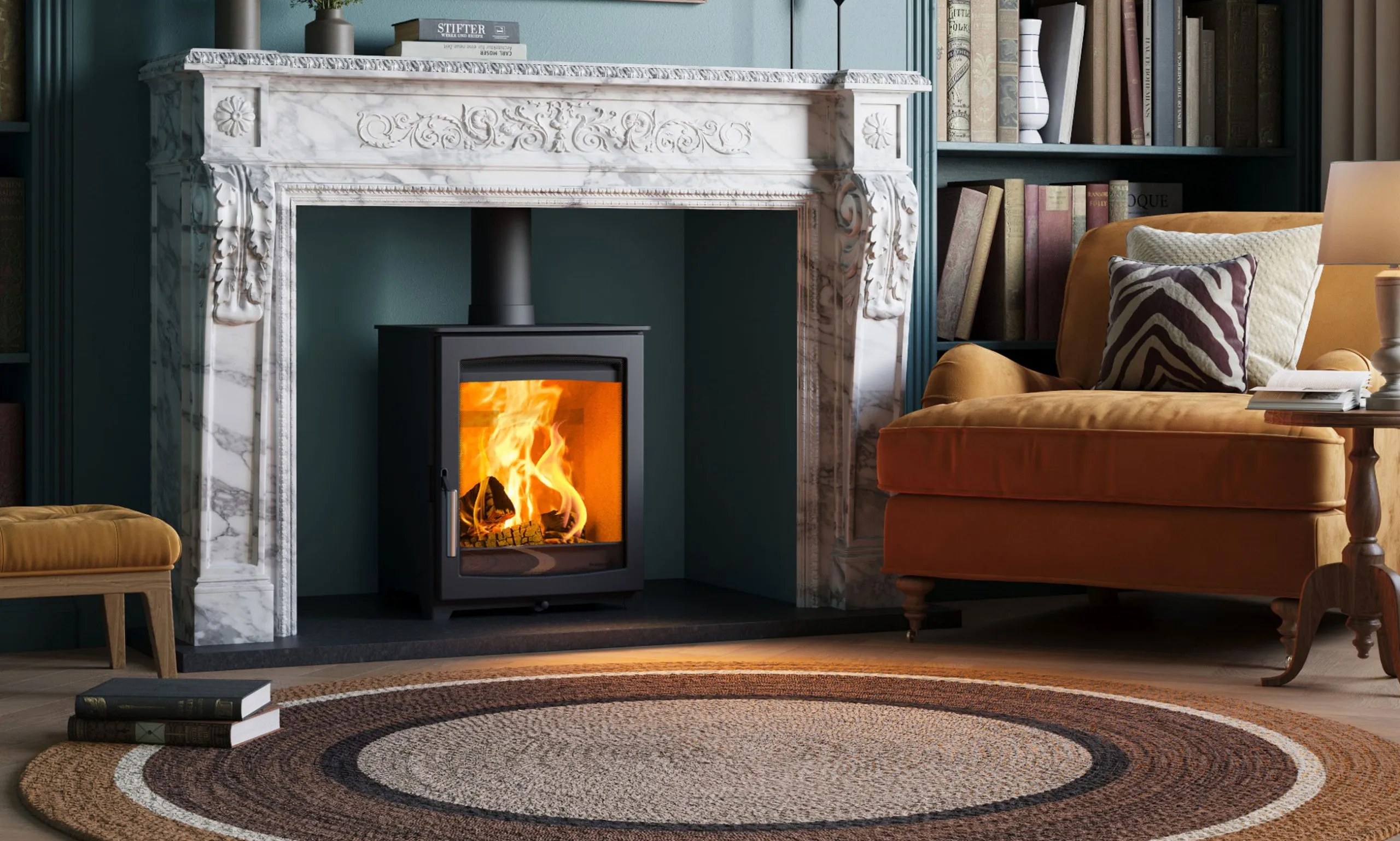Parkray Aspect 5 Eco wood heater set in a marble mantel